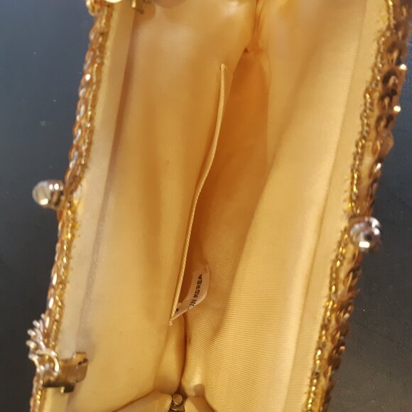 Vintage Gold Sequined Evening Kiss Lock Handbag /Clutch w/ Chain -6.5 x 5 inches - Picture 5 of 11